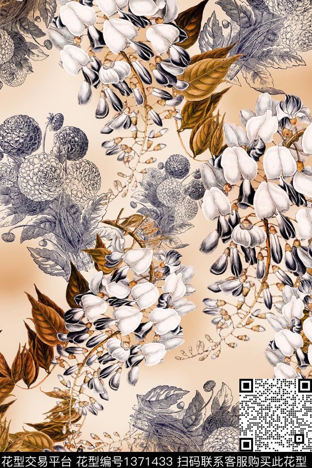 彩底花卉满版散花真丝数码印花华亿平台下载（图片编号: 1371433） - 瓦栏（Walan）