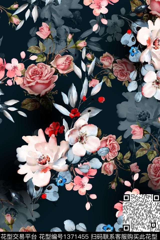 黑底花卉花卉大牌风数码印花华亿平台下载（图片编号: 1371455） - 瓦栏（Walan）