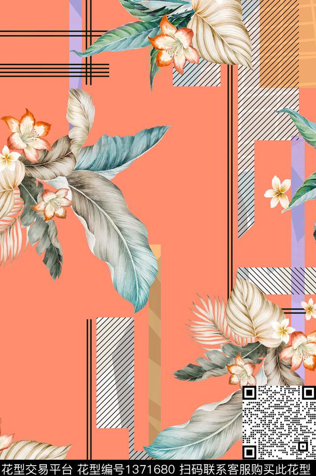 几何树枝花卉数码印花华亿平台下载（图片编号: 1371680） - 瓦栏（Walan）