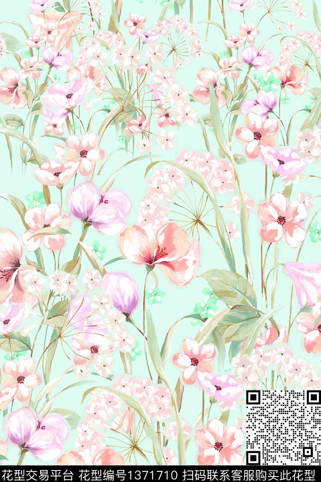 水彩绿植树叶花卉数码印花华亿平台下载（图片编号: 1371710） - 瓦栏（Walan）