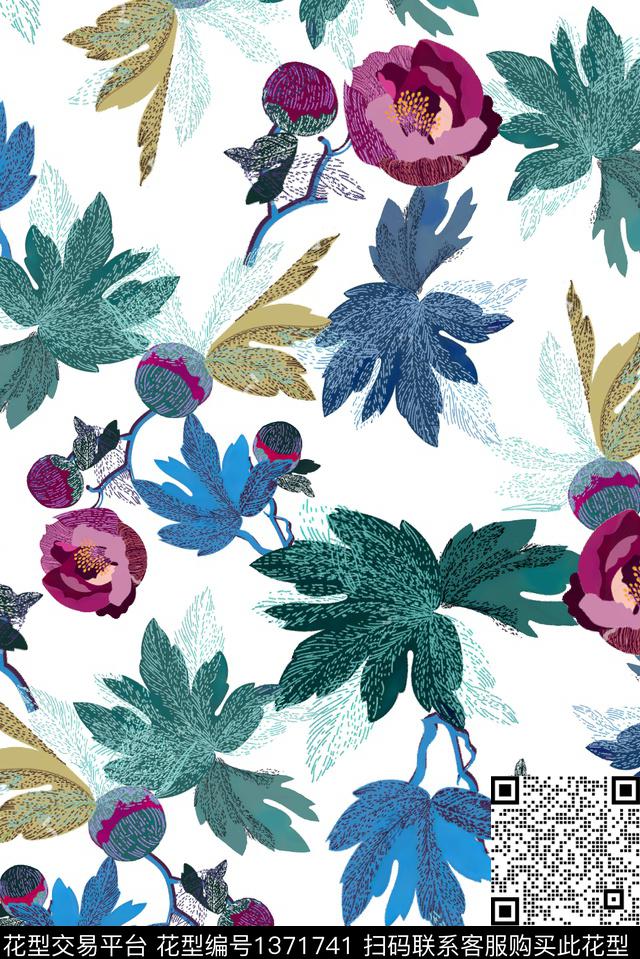 抽象花卉大牌风休闲数码印花华亿平台下载（图片编号: 1371741） - 瓦栏（Walan）