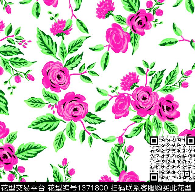 花卉大牌风手绘玫瑰数码印花华亿平台下载（图片编号: 1371800） - 瓦栏（Walan）