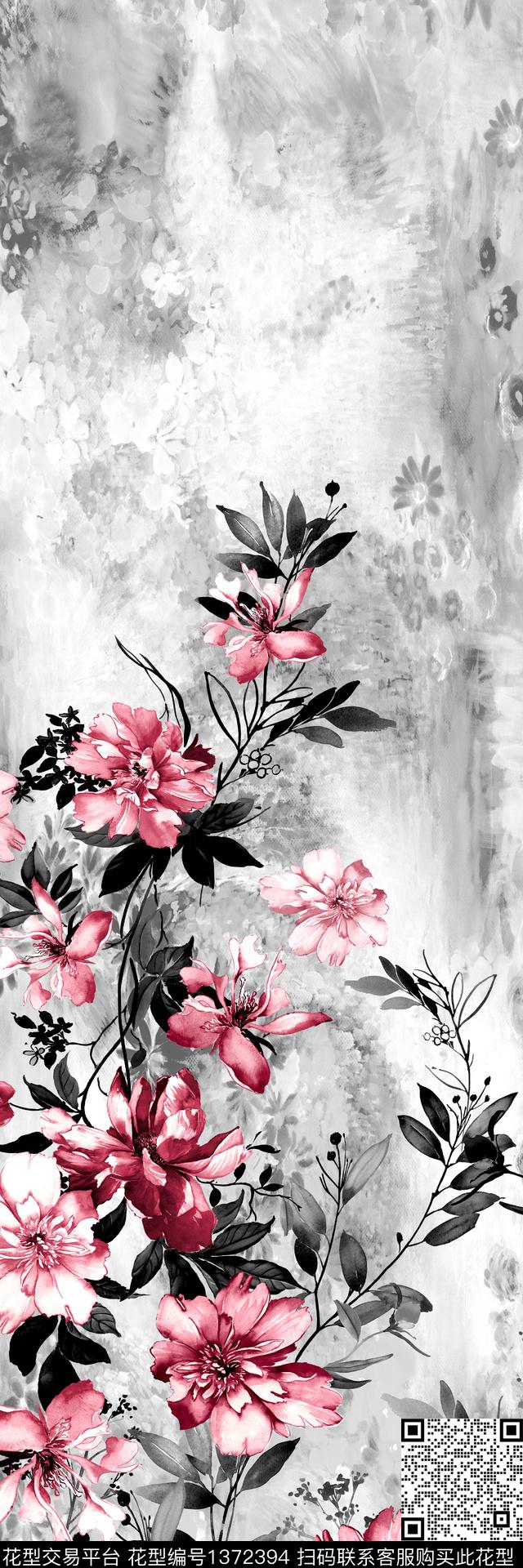 定位花真丝手绘花卉数码印花华亿平台下载（图片编号: 1372394） - 瓦栏（Walan）