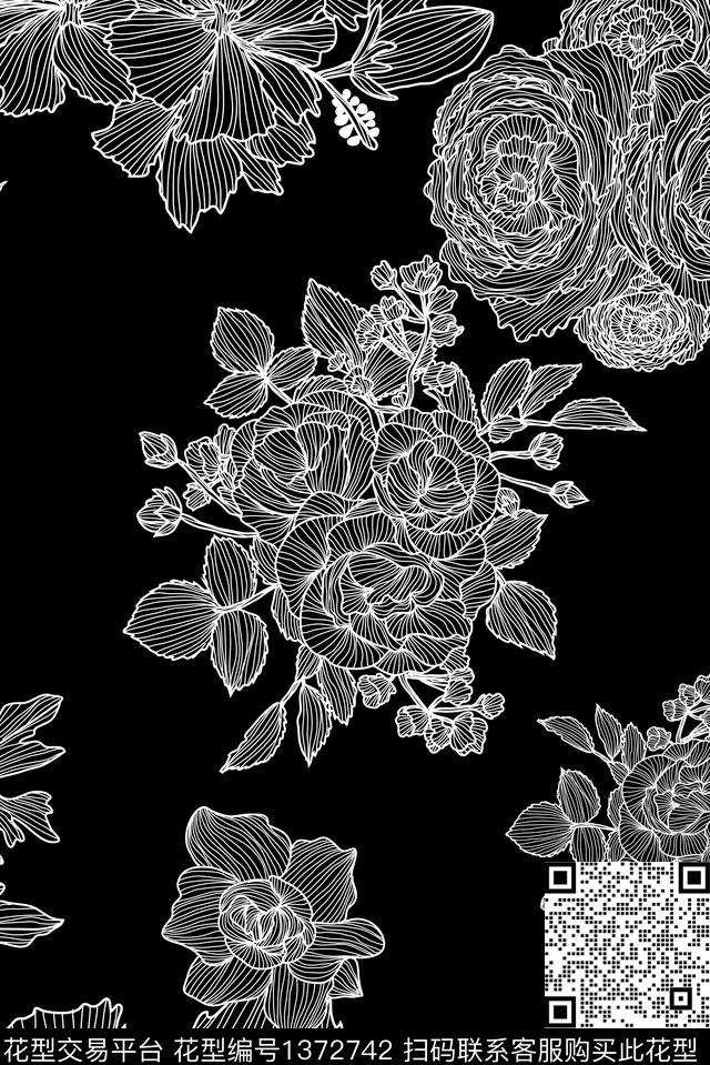 黑白华亿平台勾线花卉数码印花华亿平台下载（图片编号: 1372742） - 瓦栏（Walan）