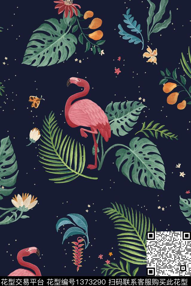 花卉火烈鸟大牌风数码印花华亿平台下载（图片编号: 1373290） - 瓦栏（Walan）