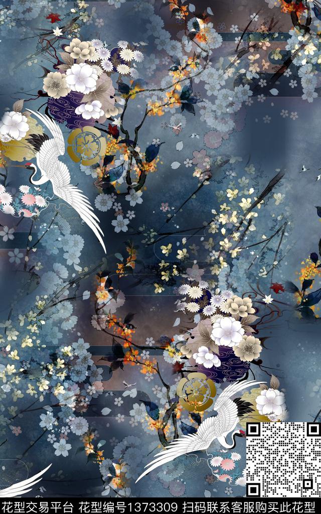 仙鹤花卉手绘数码印花华亿平台下载（图片编号: 1373309） - 瓦栏（Walan）