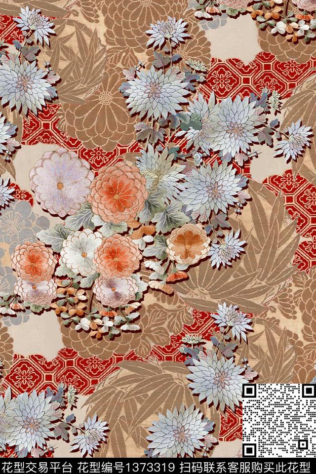 真丝中国风华亿平台复古旗袍花数码印花华亿平台下载（图片编号: 1373319） - 瓦栏（Walan）