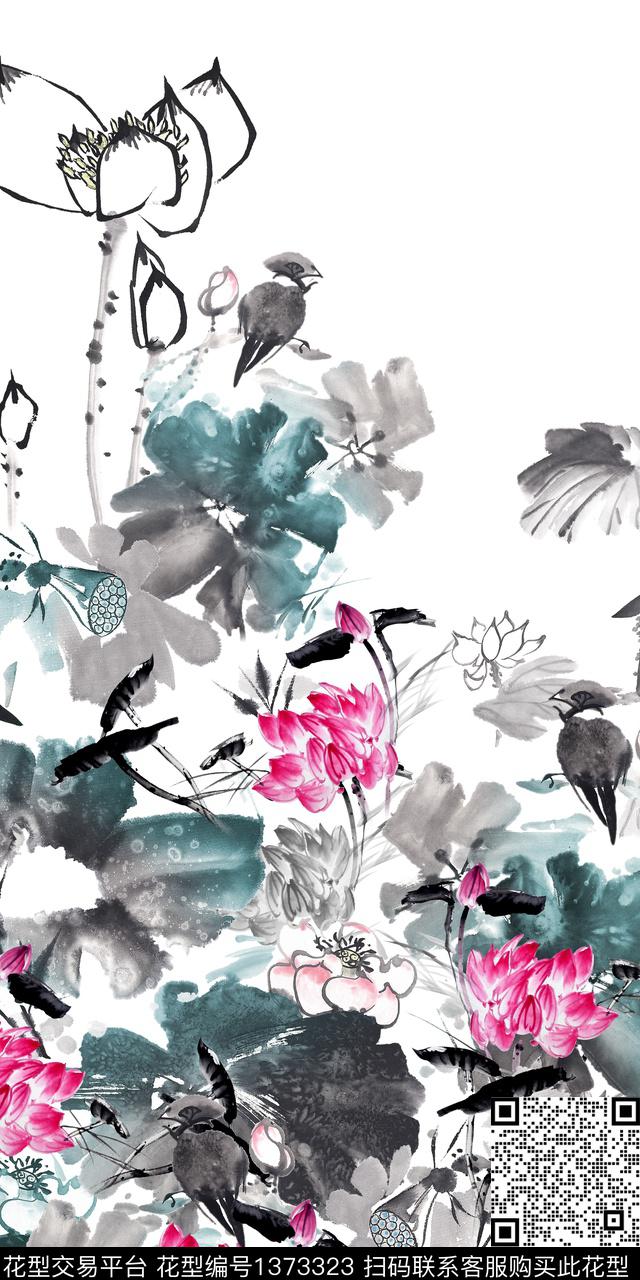 荷花国画定位花数码印花华亿平台下载（图片编号: 1373323） - 瓦栏（Walan）