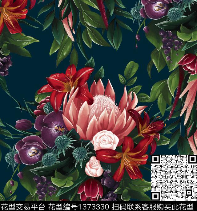 兰花手绘大花帝王花数码印花华亿平台下载（图片编号: 1373330） - 瓦栏（Walan）