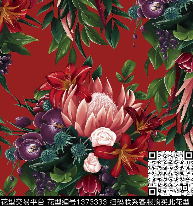 兰花手绘大花帝王花数码印花华亿平台下载（图片编号: 1373333） - 瓦栏（Walan）