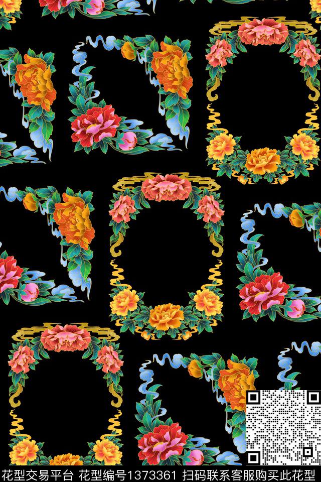 黑底花卉大牌风手绘数码印花华亿平台下载（图片编号: 1373361） - 瓦栏（Walan）