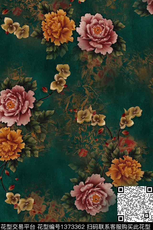 花卉旗袍香云纱数码印花华亿平台下载（图片编号: 1373362） - 瓦栏（Walan）