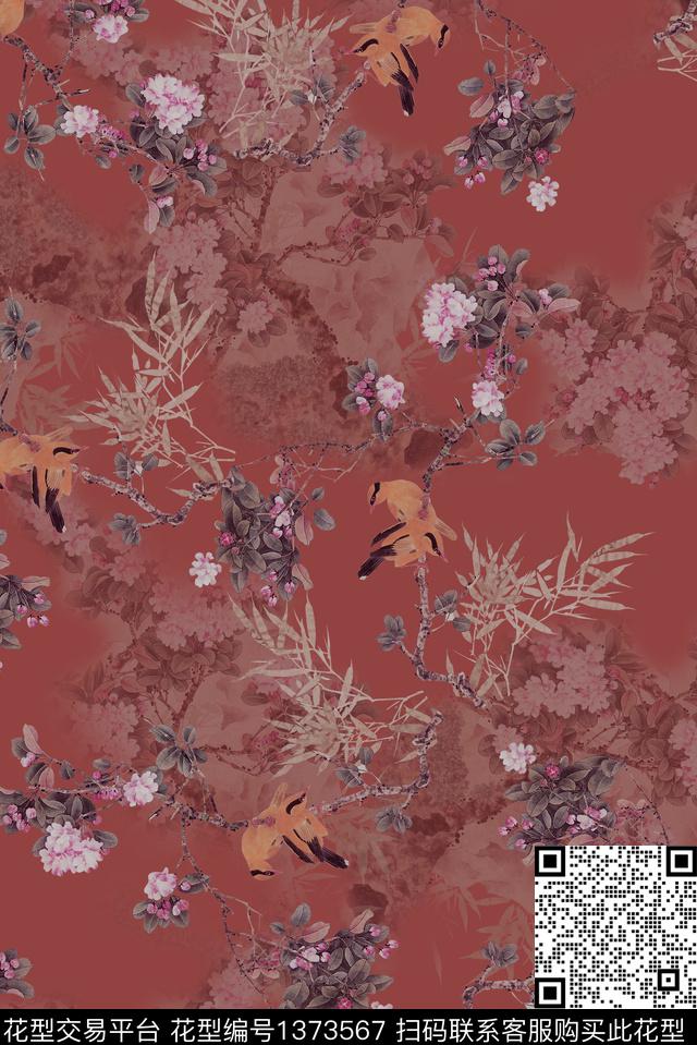 花鸟香云纱中国风数码印花华亿平台下载（图片编号: 1373567） - 瓦栏（Walan）