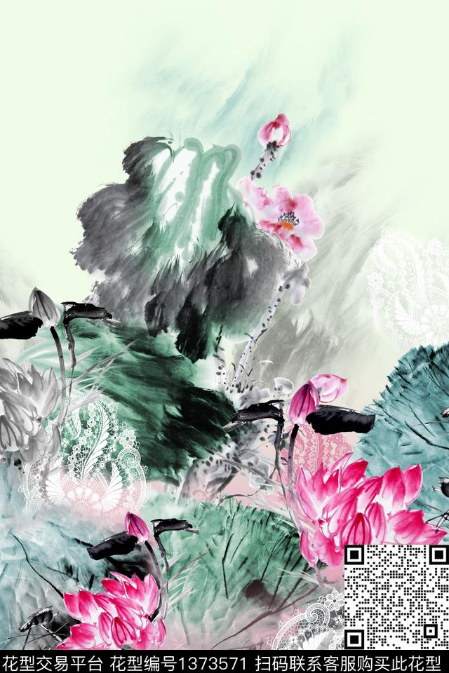 荷花花卉定位花数码印花华亿平台下载（图片编号: 1373571） - 瓦栏（Walan）