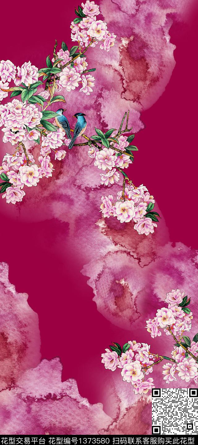 水彩鸟花卉数码印花华亿平台下载（图片编号: 1373580） - 瓦栏（Walan）