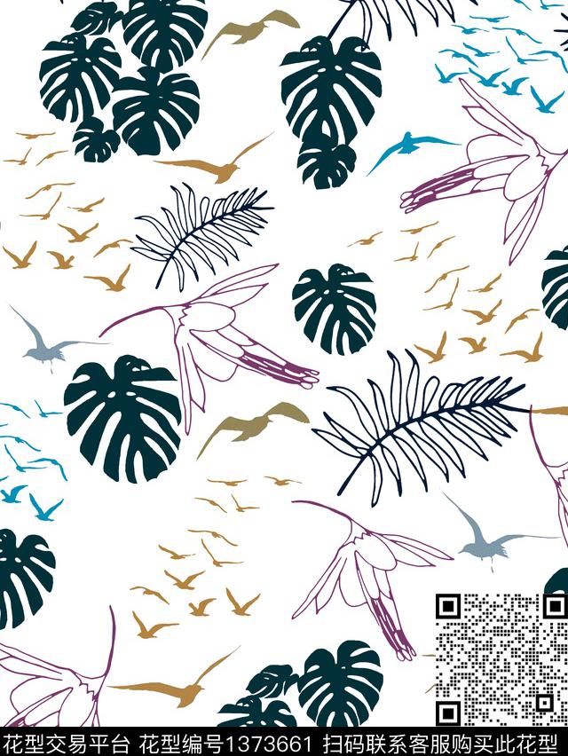 海鸥风格化花卉欧美花数码印花华亿平台下载（图片编号: 1373661） - 瓦栏（Walan）