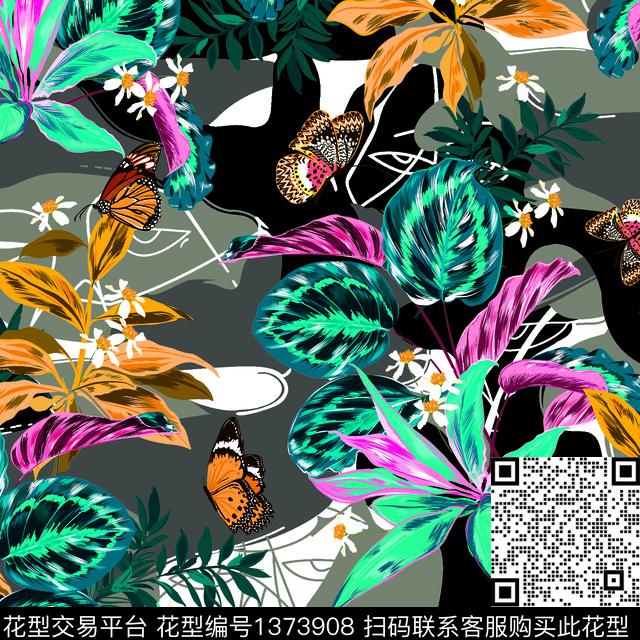 时尚抽象花卉热带华亿平台数码印花华亿平台下载（图片编号: 1373908） - 瓦栏（Walan）
