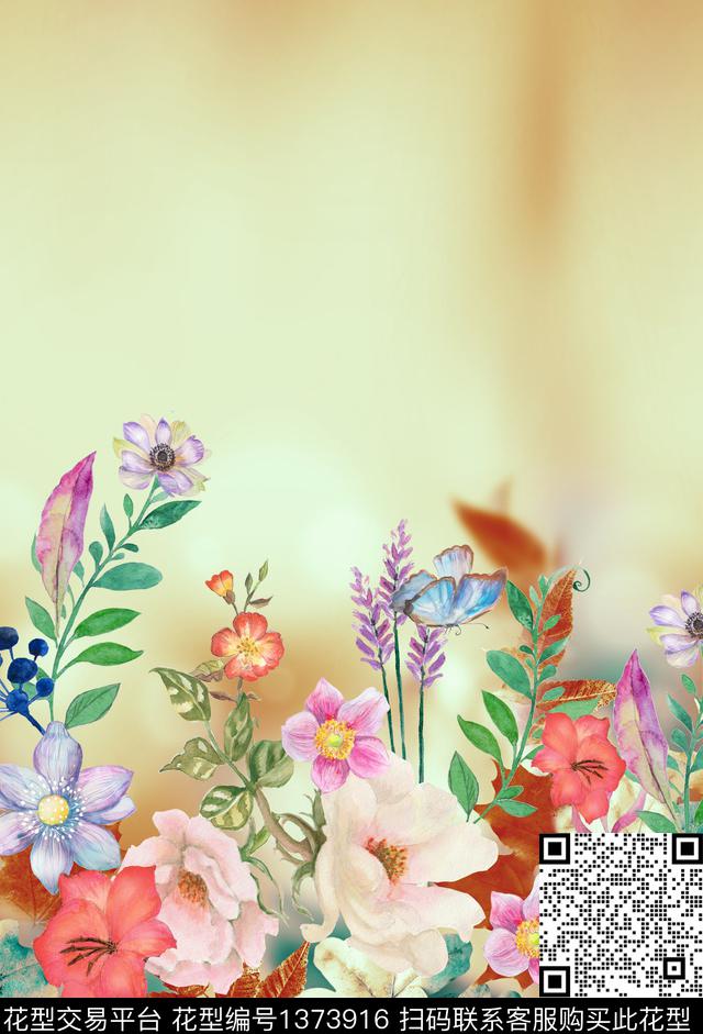 彩底花卉定位花渐变数码印花华亿平台下载（图片编号: 1373916） - 瓦栏（Walan）