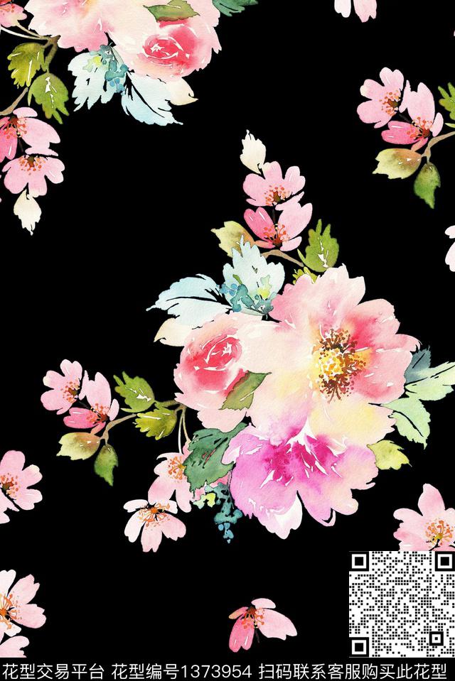 黑底花卉水彩花卉手绘大花数码印花华亿平台下载（图片编号: 1373954） - 瓦栏（Walan）
