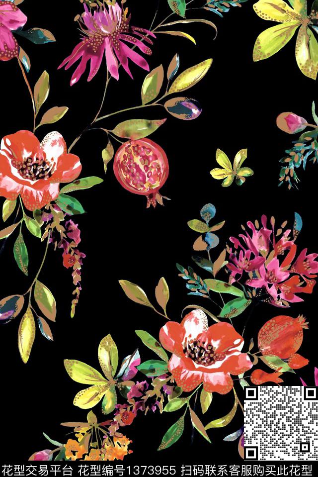 黑底花卉水彩花卉数码印花华亿平台下载（图片编号: 1373955） - 瓦栏（Walan）