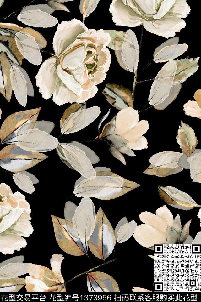 黑底花卉花卉水彩花卉数码印花华亿平台下载（图片编号: 1373956） - 瓦栏（Walan）
