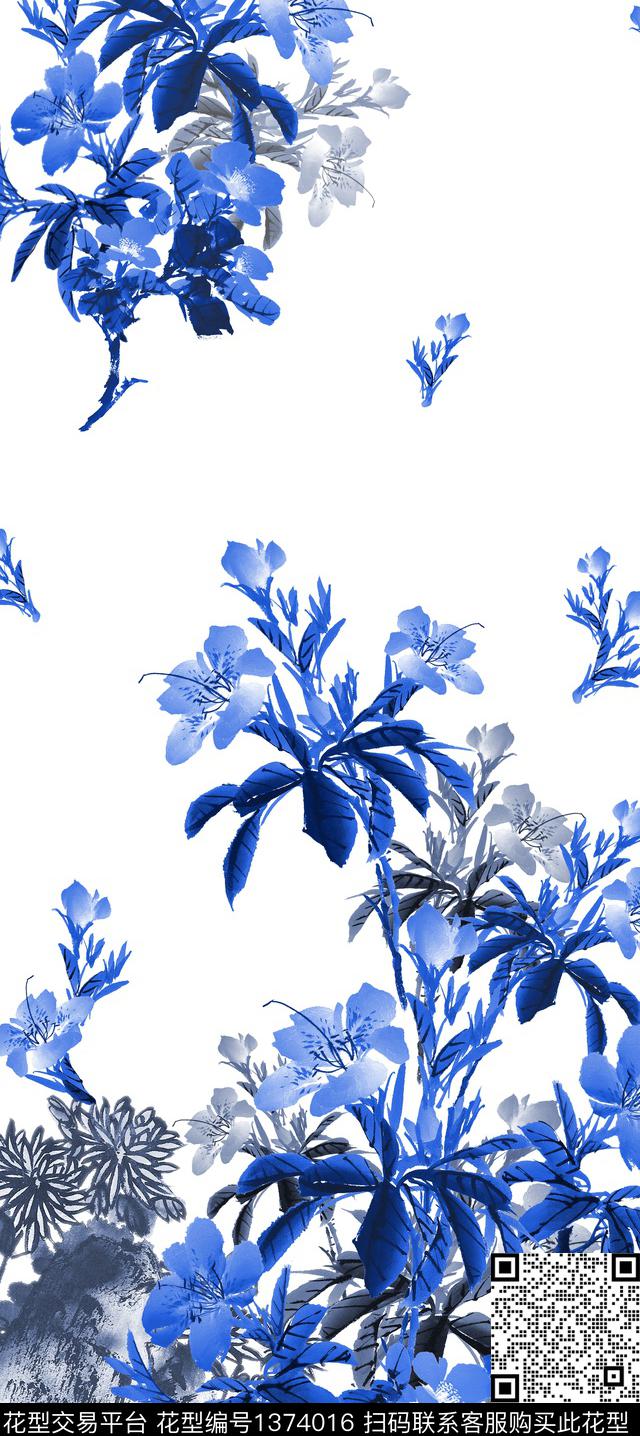 定位花白底花青花瓷数码印花华亿平台下载（图片编号: 1374016） - 瓦栏（Walan）