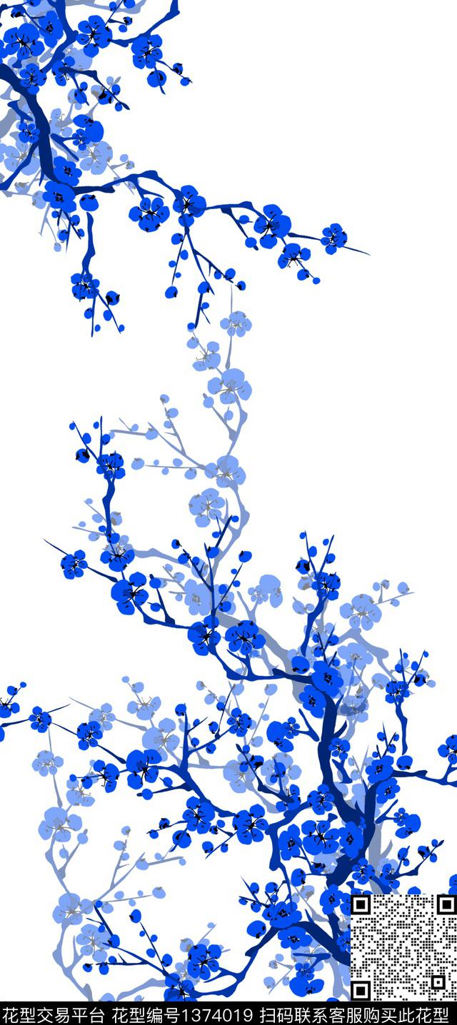 定位花白底花青花瓷数码印花华亿平台下载（图片编号: 1374019） - 瓦栏（Walan）