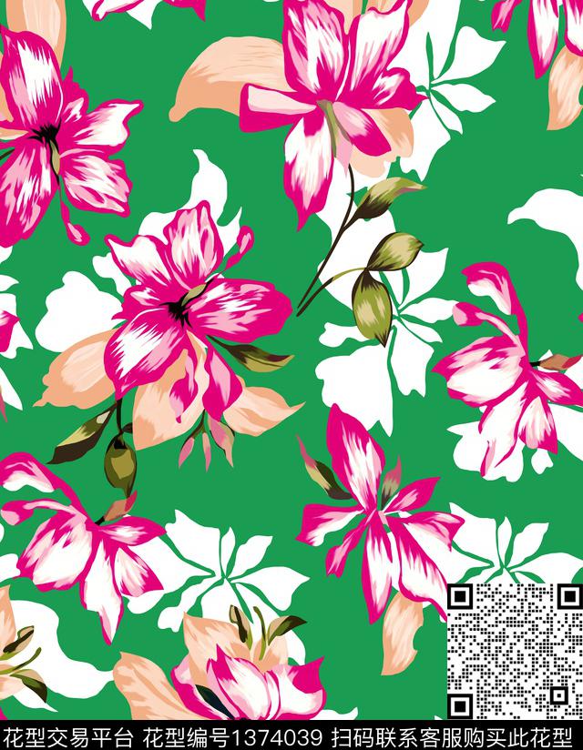 花卉热带华亿平台手绘大花数码印花华亿平台下载（图片编号: 1374039） - 瓦栏（Walan）