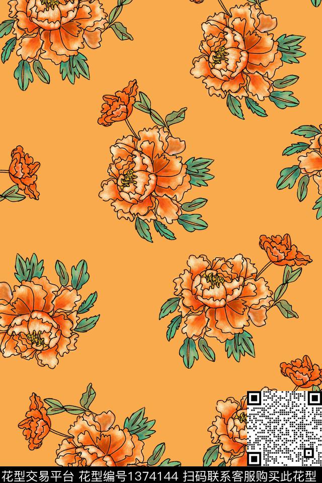 花卉手绘牡丹数码印花华亿平台下载（图片编号: 1374144） - 瓦栏（Walan）