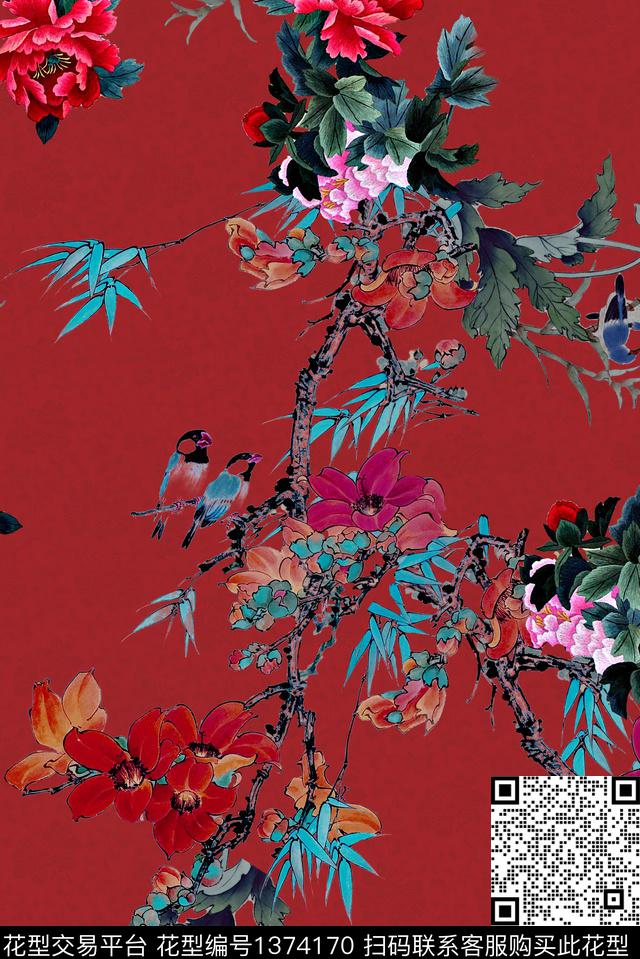 香云纱中国风花卉旗袍风数码印花华亿平台下载（图片编号: 1374170） - 瓦栏（Walan）