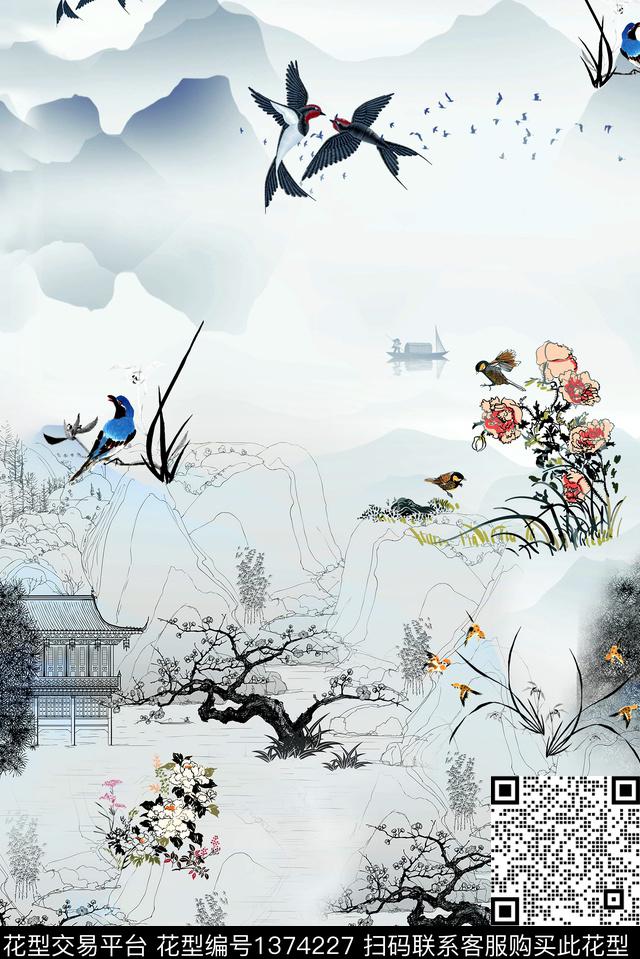 水墨风中国风风数码印花华亿平台下载（图片编号: 1374227） - 瓦栏（Walan）