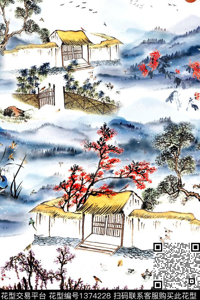水墨风中国风风数码印花华亿平台下载（图片编号: 1374228） - 瓦栏（Walan）