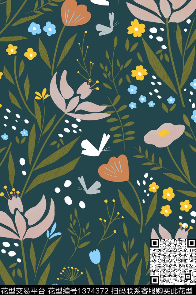 绿色抽象花卉复古数码印花华亿平台下载（图片编号: 1374372） - 瓦栏（Walan）