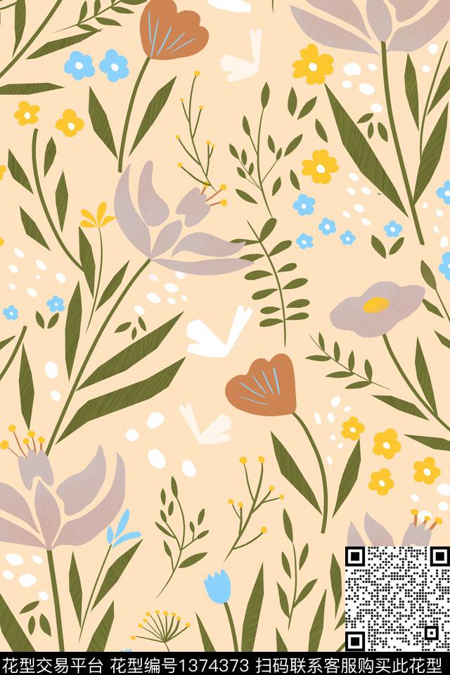 简约花卉花纹数码印花华亿平台下载（图片编号: 1374373） - 瓦栏（Walan）