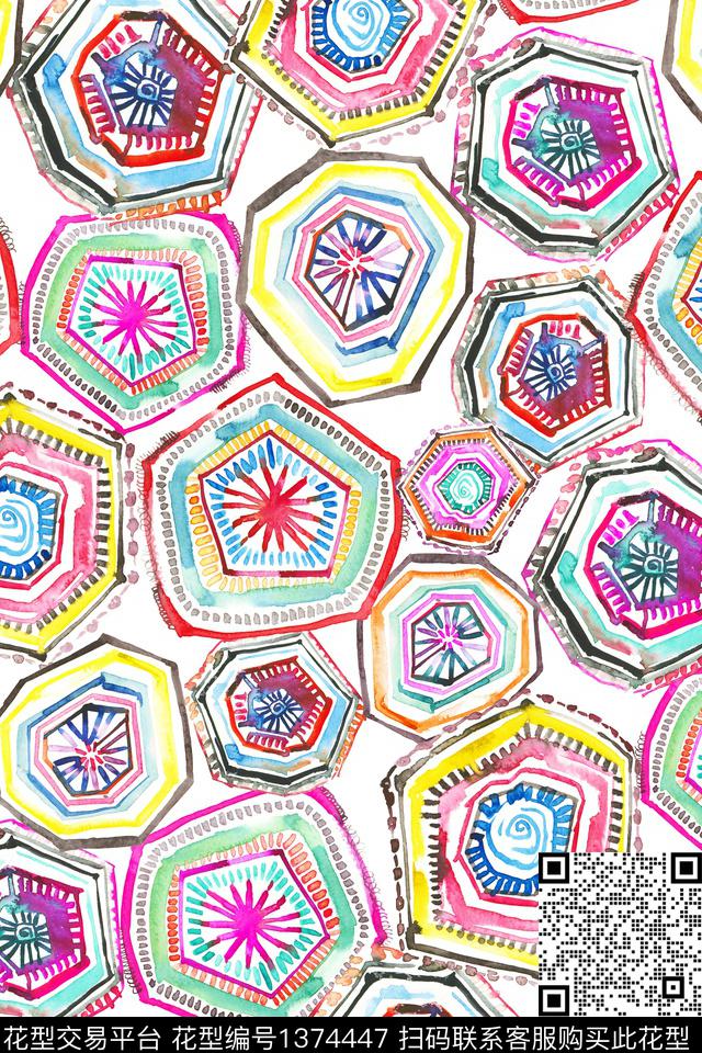 几何水彩大牌风数码印花华亿平台下载（图片编号: 1374447） - 瓦栏（Walan）