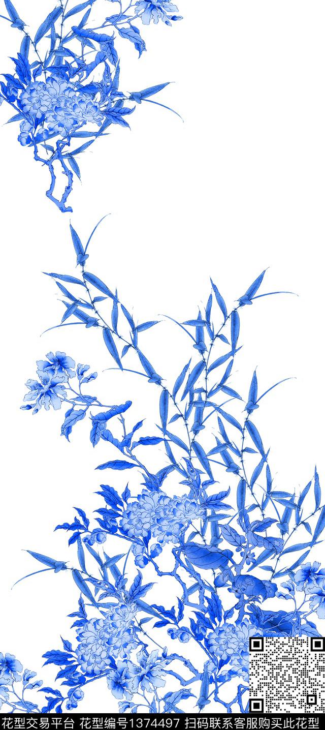 花卉青花瓷定位花数码印花华亿平台下载（图片编号: 1374497） - 瓦栏（Walan）
