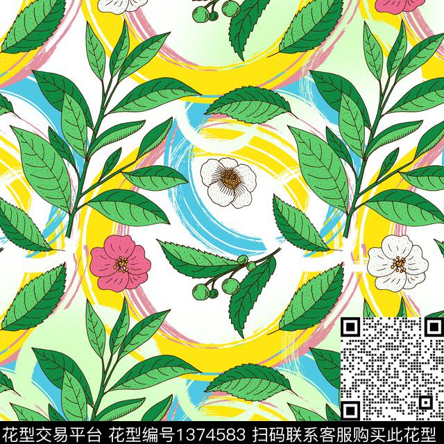彩底花卉绿植树叶大牌风数码印花华亿平台下载（图片编号: 1374583） - 瓦栏（Walan）