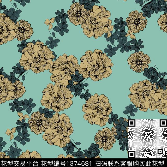 时尚黄花绿植树叶数码印花华亿平台下载（图片编号: 1374681） - 瓦栏（Walan）