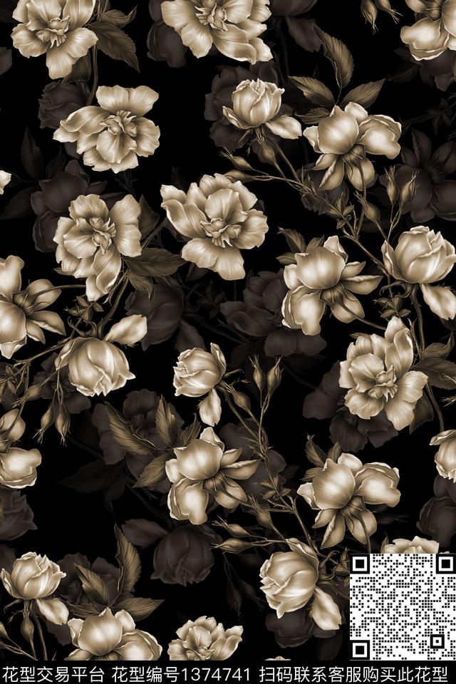 绿植树叶花卉香云纱数码印花华亿平台下载（图片编号: 1374741） - 瓦栏（Walan）