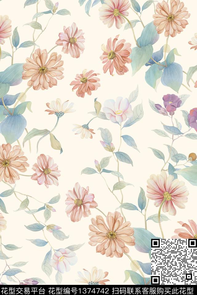 水彩绿植树叶花卉数码印花华亿平台下载（图片编号: 1374742） - 瓦栏（Walan）