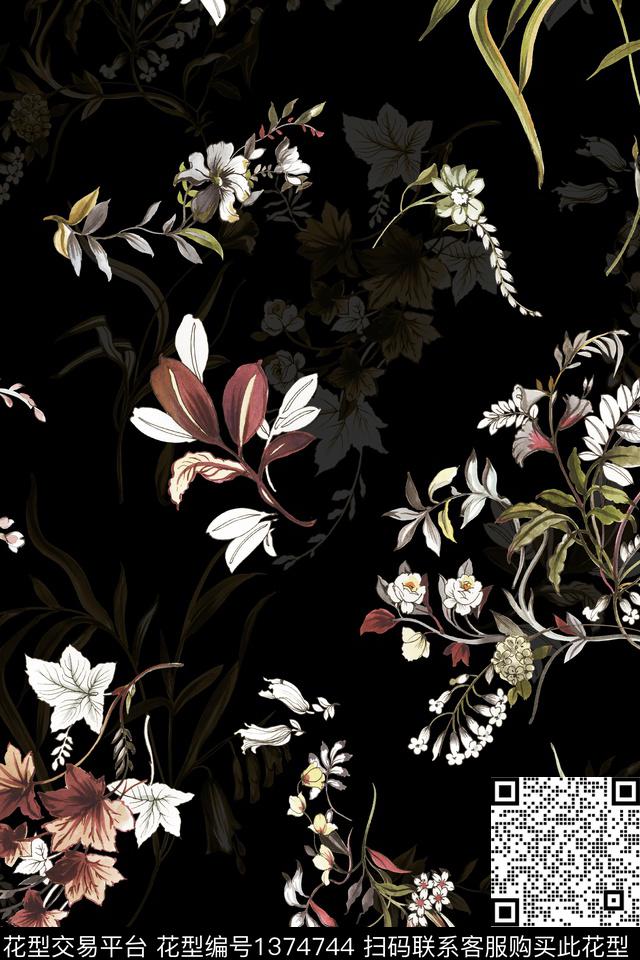 水彩绿植树叶花卉数码印花华亿平台下载（图片编号: 1374744） - 瓦栏（Walan）