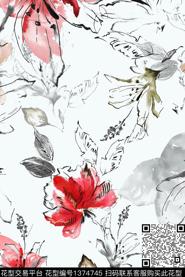 水彩抽象花卉花卉数码印花华亿平台下载（图片编号: 1374745） - 瓦栏（Walan）