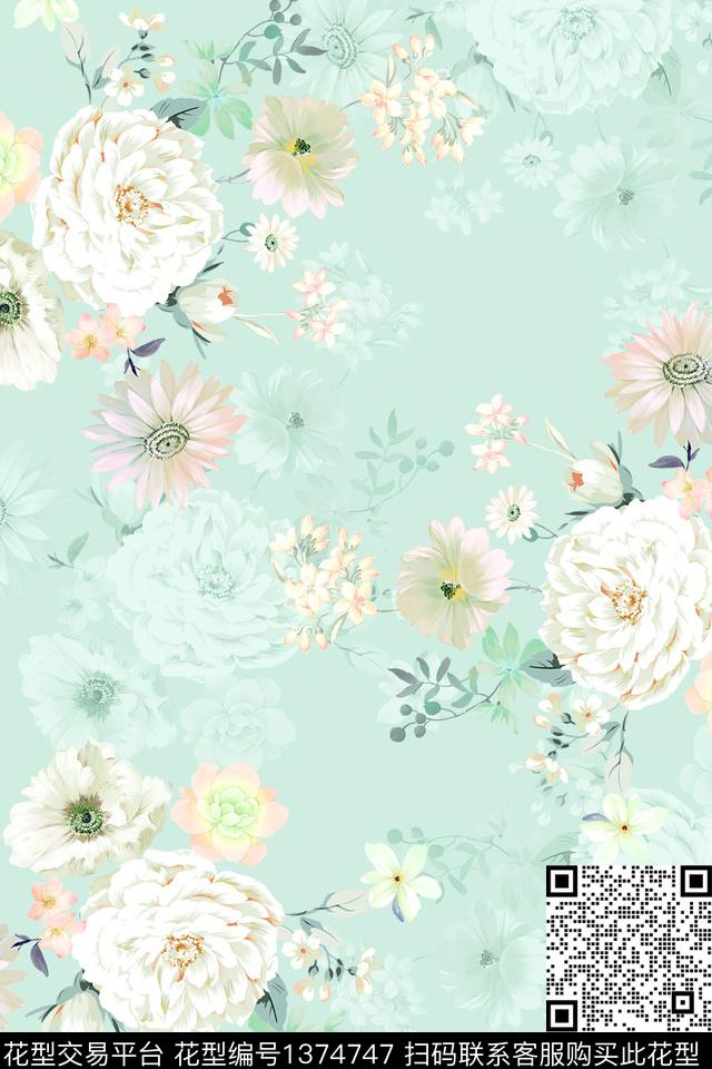 水彩绿植树叶花卉数码印花华亿平台下载（图片编号: 1374747） - 瓦栏（Walan）