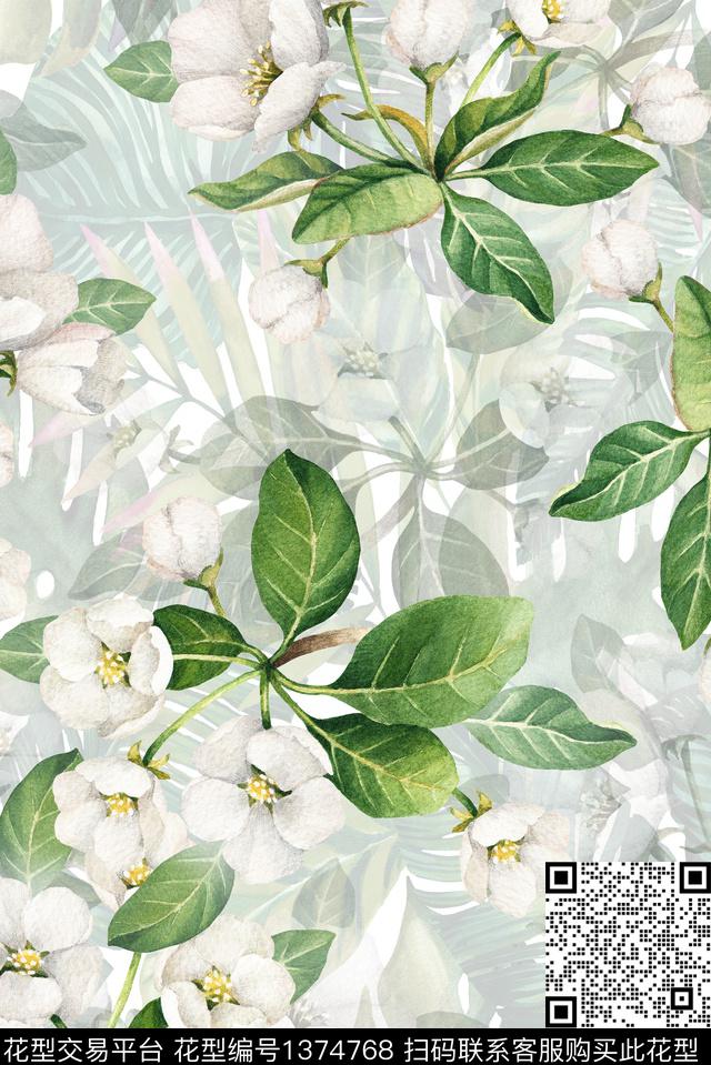 大牌风素雅花朵手绘女装数码印花华亿平台下载（图片编号: 1374768） - 瓦栏（Walan）