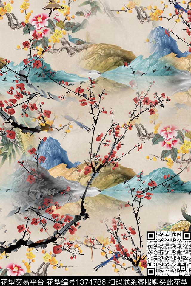 花鸟梅花风景景观数码印花华亿平台下载（图片编号: 1374786） - 瓦栏（Walan）