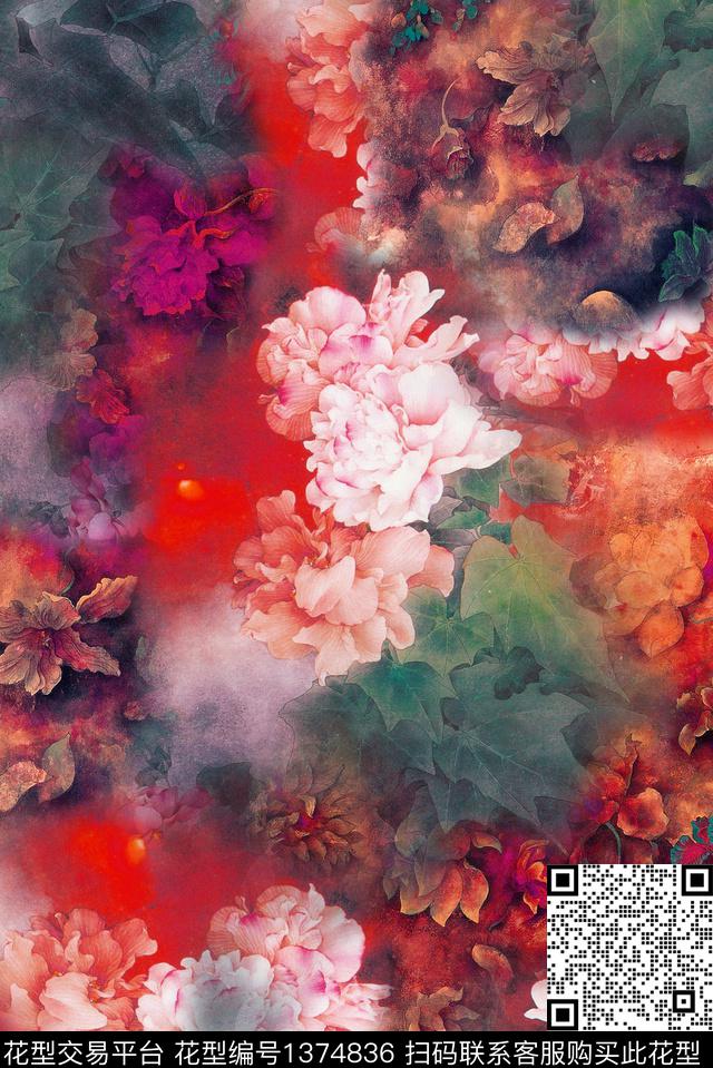 香云纱中国风花卉旗袍风数码印花华亿平台下载（图片编号: 1374836） - 瓦栏（Walan）