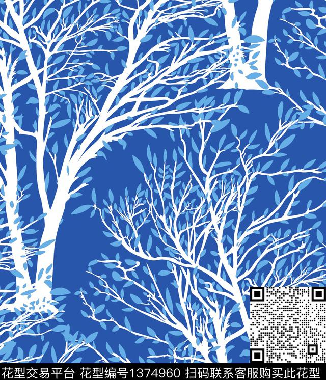 彩底花卉树枝大牌风传统印花华亿平台下载（图片编号: 1374960） - 瓦栏（Walan）