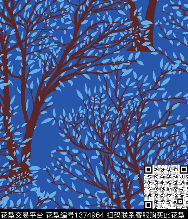 彩底花卉树枝大牌风传统印花华亿平台下载（图片编号: 1374964） - 瓦栏（Walan）