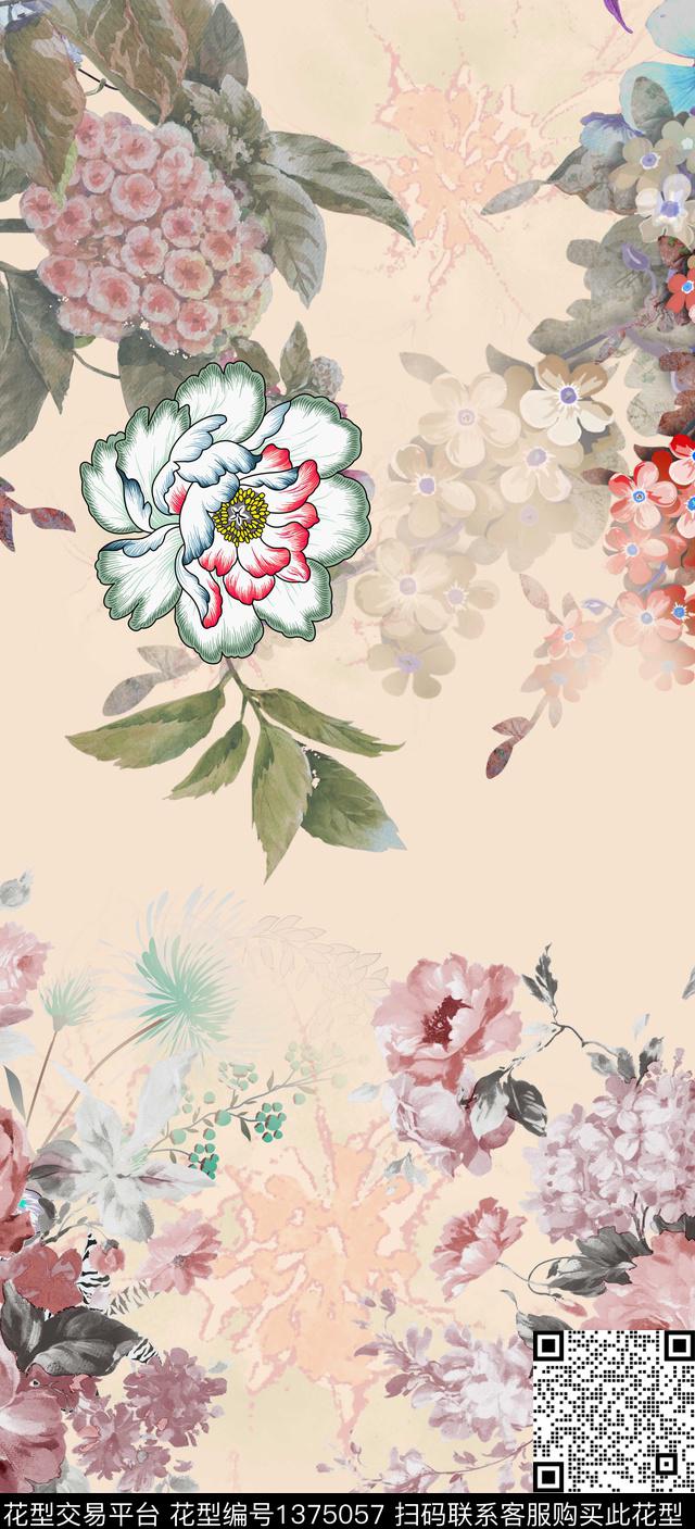 渐变花卉手绘花卉数码印花华亿平台下载（图片编号: 1375057） - 瓦栏（Walan）
