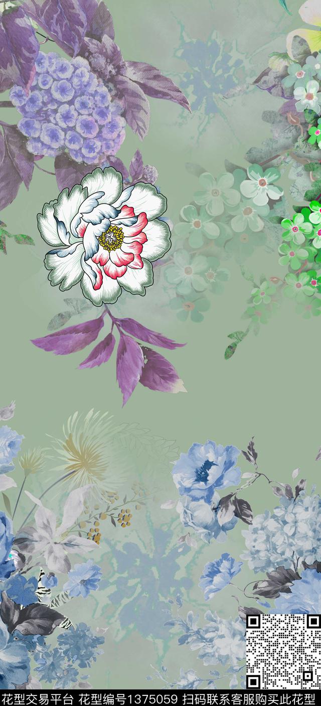 渐变花卉手绘花卉数码印花华亿平台下载（图片编号: 1375059） - 瓦栏（Walan）